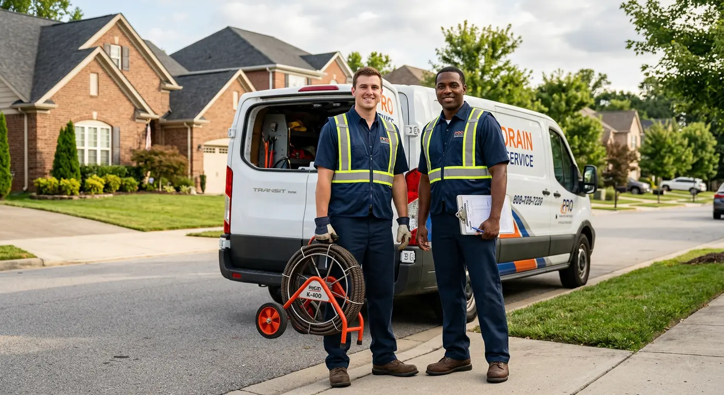 Sewer and drain service team with equipment ready for work in River Ridge