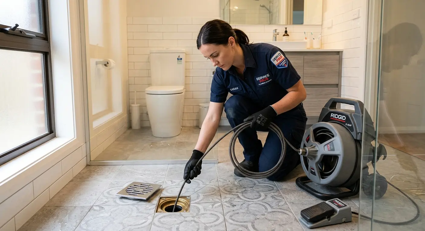 Technician clearing a bathroom floor drain for Sewer Line Replacement in River Ridge